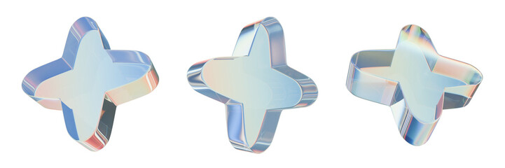 Wall Mural - 3D glass star icon, render prism crystal y2k shape, glossy transparent gradient futuristic flower. Reflection trendy geometric brutal cross, chromatic effect translucent material forms. Glass star