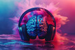 Large headphones are placed on a man's brain in clouds of pink dust. Generated by artificial intelligence