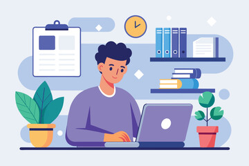 Sticker - A man sitting in front of a laptop computer, focusing on online assignments and work tasks, man in front of computer doing assignments online learning, Simple and minimalist flat Vector Illustration