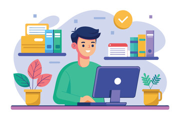 Poster - a man is sitting at a desk, focused on his computer screen while working on assignments, man in fron