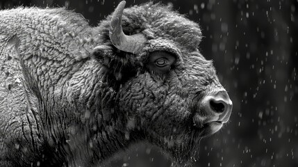 Sticker -   A monochrome image of a bison in the rain, its head tilted slightly to the side