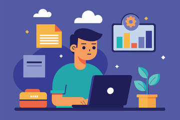 Poster - A man sitting at a desk, working on his laptop, downloading files and installing software, man is downloading files and installing software on laptop, Simple and minimalist flat Vector Illustration