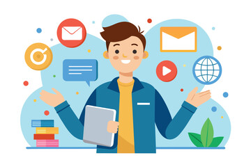 Poster - a man stands holding a tablet surrounded by various icons on a digital device screen, man is promoti