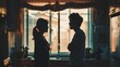 Silhouette of an Asian couple having a serious argument in front of a window at home, turning away from each other in frustration.