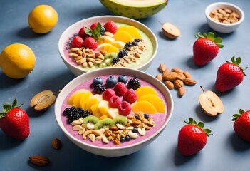 two bowls filled with fruit and nuts on a wooden table.