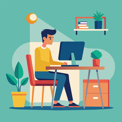 Wall Mural - A man sitting at a desk, focused on working on a computer, man is working at the computer, Simple and minimalist flat Vector Illustration