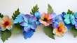 a tropical paper lei in a mix of greens blues and purples. Include vibrant paper orchids and hibiscus flowers evoking the spirit of a Hawaiian luau