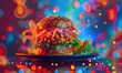 A delicious burger. On the background is an explosion of lights and colors
