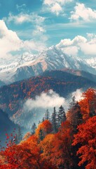 Wall Mural - Vibrant autumn panorama mountain landscape photo on a sunny day in high-quality resolution