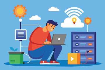 Poster - a man sitting on the ground, focused on repairing a laptop to fix the internet network, man is worki