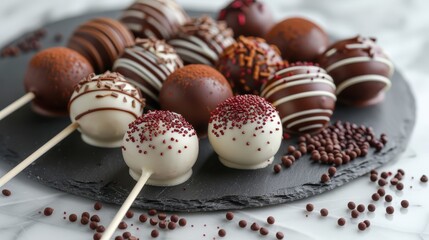 Poster -   A plate of cake pops, adorned with chocolate sprinkles, on a pristine white tablecloth