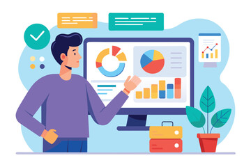 Sticker - A man stands in front of a computer screen, examining company analysis data, man looking at company analysis data screen, Simple and minimalist flat Vector Illustration