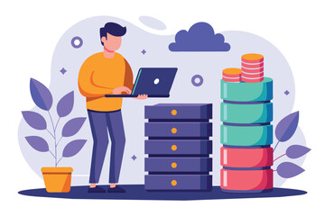Aufkleber - a man stands before a stack of files, managing and backing up a database using his laptop, man manag