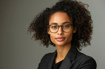 Wall Mural - Confident, portrait and black woman lawyer in glasses on studio gray background for case or trial. Court, law firm or mission with serious attorney in suit for council, law or legal representation