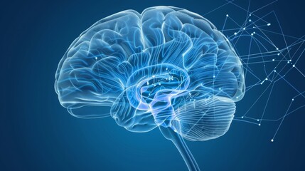 Wall Mural - Digital illustration showcasing the human brain against a blue background, highlighting its active components.