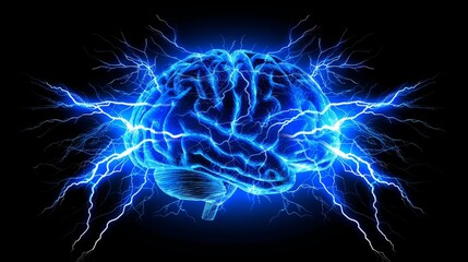 Poster - Graphic representation of brain power or neurology, featuring a frontal view of the brain with a lightning effect.