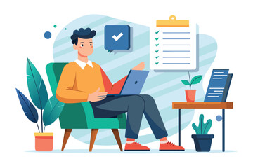 Wall Mural - A man seated in a chair, working on a laptop with a contract on the table, man sitting in a chair with a contract on a table, Simple and minimalist flat Vector Illustration