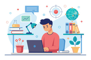 Poster - a man sitting at a desk, focused on his laptop, studying science on the internet, man studying scien