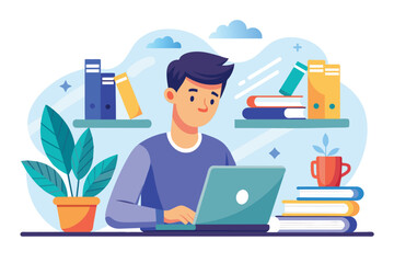Poster - A man sitting in front of a laptop computer, engaged in studying online education, man studying with laptop, Online education, Simple and minimalist flat Vector Illustration