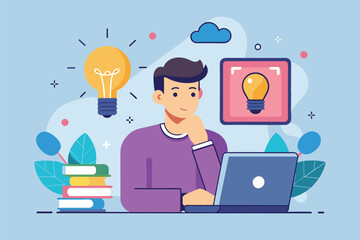 Poster - A man sitting at a desk, working on a laptop computer, man thinking about ideas with cartoon light bulb on computer screen, Simple and minimalist flat Vector Illustration