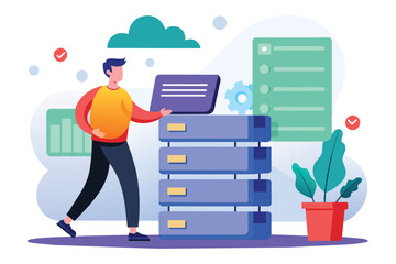 Poster - a man standing next to a stack of files, with a computer in the background, man with computer backup