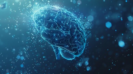 Wall Mural - Visualization of a human brain materializing from particles, enveloped by evolving plexus structures against a blue abstract futuristic backdrop, rendered in 3D with depth of field effects.