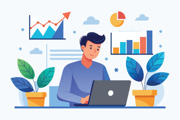 Sticker - A man sitting in front of a laptop computer, focusing on stock business development, man with laptop looking at stock business developments, Simple and minimalist flat Vector Illustration