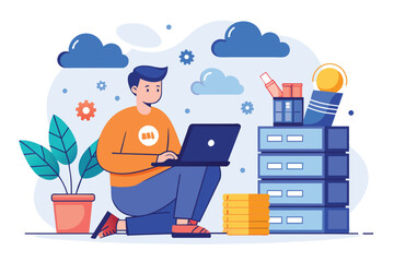 Sticker - A man is sitting on the floor, focused on using a laptop to manage cloud data and databases, man with laptop managing cloud data database folder, Simple and minimalist flat Vector Illustration