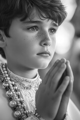 Wall Mural - First communion joy: heartwarming moments of young believers in white dresses, celebrating this sacred Christian sacrament with faith, purity, spirit of spiritual growth in memorable church ceremony.