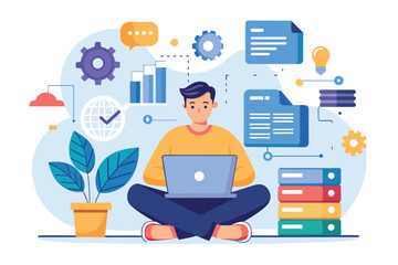 Poster - A man sits on the floor with a laptop in front of him, synchronizing big data, man with laptop synchronizing big data, Simple and minimalist flat Vector Illustration