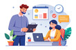 © Iftikhar alam - Man and Woman Working on a Laptop, man working in an office completing assigned tasks with the manager, Simple and minimalist flat Vector Illustration