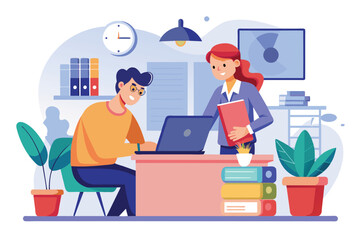 Poster - Man and Woman Working at Desk With Laptop, man working in an office completing assigned tasks with the manager, Simple and minimalist flat Vector Illustration