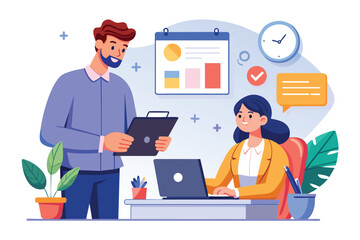 Poster - Man and Woman Working on a Laptop, man working in an office completing assigned tasks with the manager, Simple and minimalist flat Vector Illustration