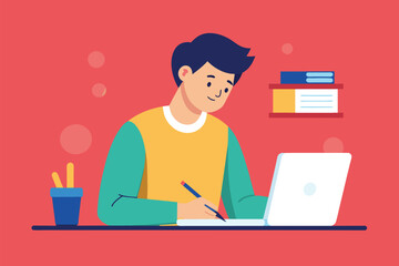 Poster - A man sitting at a desk, focused on working on a laptop, man writing on paper exam concept, Simple and minimalist flat Vector Illustration