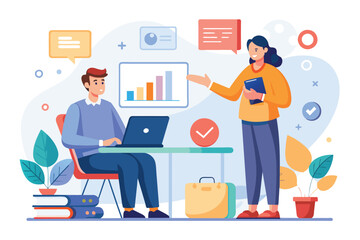 Poster - a man and a woman are seated at a table, engaged in using a laptop, marketing training concept, simp