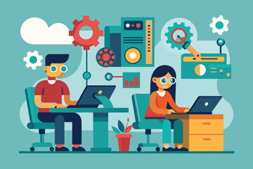 Poster - A man and woman are seated at a table, each focused on their laptop screens, Mechanics work using computers, Simple and minimalist flat Vector Illustration