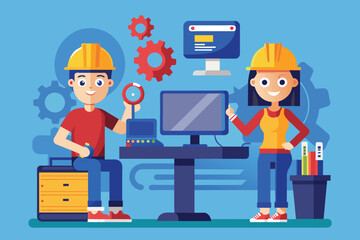 Poster - A man and a woman standing in front of a computer, focusing on their work, Mechanics work using computers, Simple and minimalist flat Vector Illustration