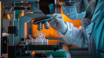 Poster - scientist examining samples under microscope in laboratory setting