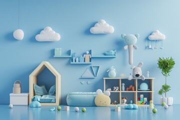 childrens furniture and toys 3d render - colorful items for kids room decoration and playtime