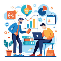 Poster - Two individuals sit at a table, focusing on their laptop screen as they work and analyze data together, Men do the work and analyze the data themselves, Simple and minimalist flat Vector Illustration