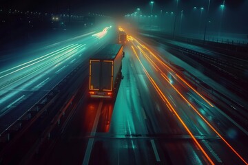 Wall Mural - Night highway trucks motion blur light trails logistic transportation abstract soft glowing lines