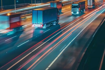 Wall Mural - Night time trucking on highway with light trails - transportation logistics timelapse