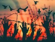 A poignant representation of Human Rights Day: silhouettes of refugee hands raised, accompanied by birds in flight against a backdrop of autumn sunset, juxtaposed with barbed wire.
