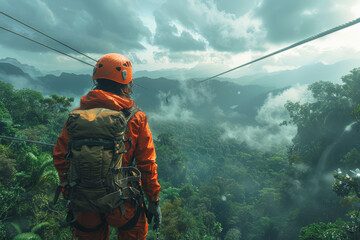 Canvas Print - A family embarking on an exciting zip-lining adventure through a lush forest canopy, soaring above the treetops with exhilaration. Concept of adrenaline-pumping family thrills. Generative Ai.