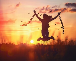 Capturing the essence of the International Day for the Remembrance of the Slave Trade and its Abolition: a silhouette of a girl leaping amidst broken chains against the backdrop 