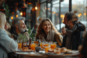 Canvas Print - A family having a leisurely Sunday brunch at a trendy café, chatting and relishing delicious dishes over steaming cups of coffee. Concept of relax family time and gastronomic pleasure. Generative Ai.