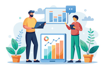 Poster - two individuals, men, standing side by side, analyzing growth data on a tablet device, men present o
