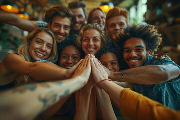 Poster - a group of colleagues participating in a team-building retreat, engaging in trust exercises and coll