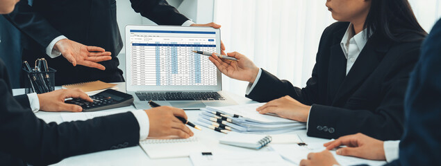 Poster - corporate accountant team use accounting software on laptop to calculate and maximize tax refund and