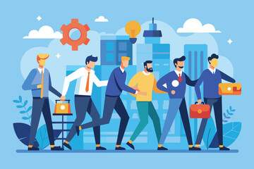 Poster - Team of men in a flat vector style standing next to each other, Men work as a team, Simple and minimalist flat Vector Illustration